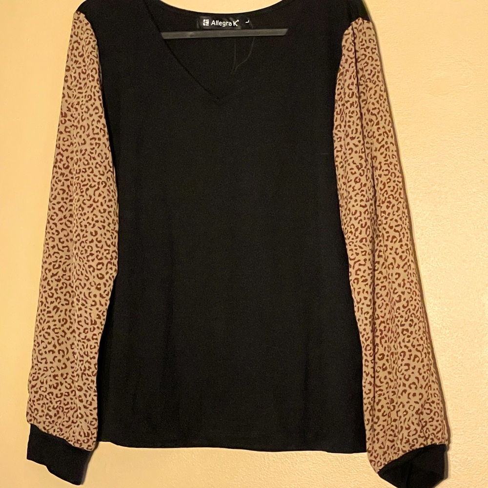 Black Shirt with Leopard Print Sleeves